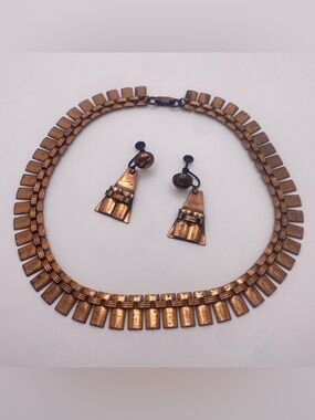 Vintage 1960s copper book chain necklace + matching screwback earrings